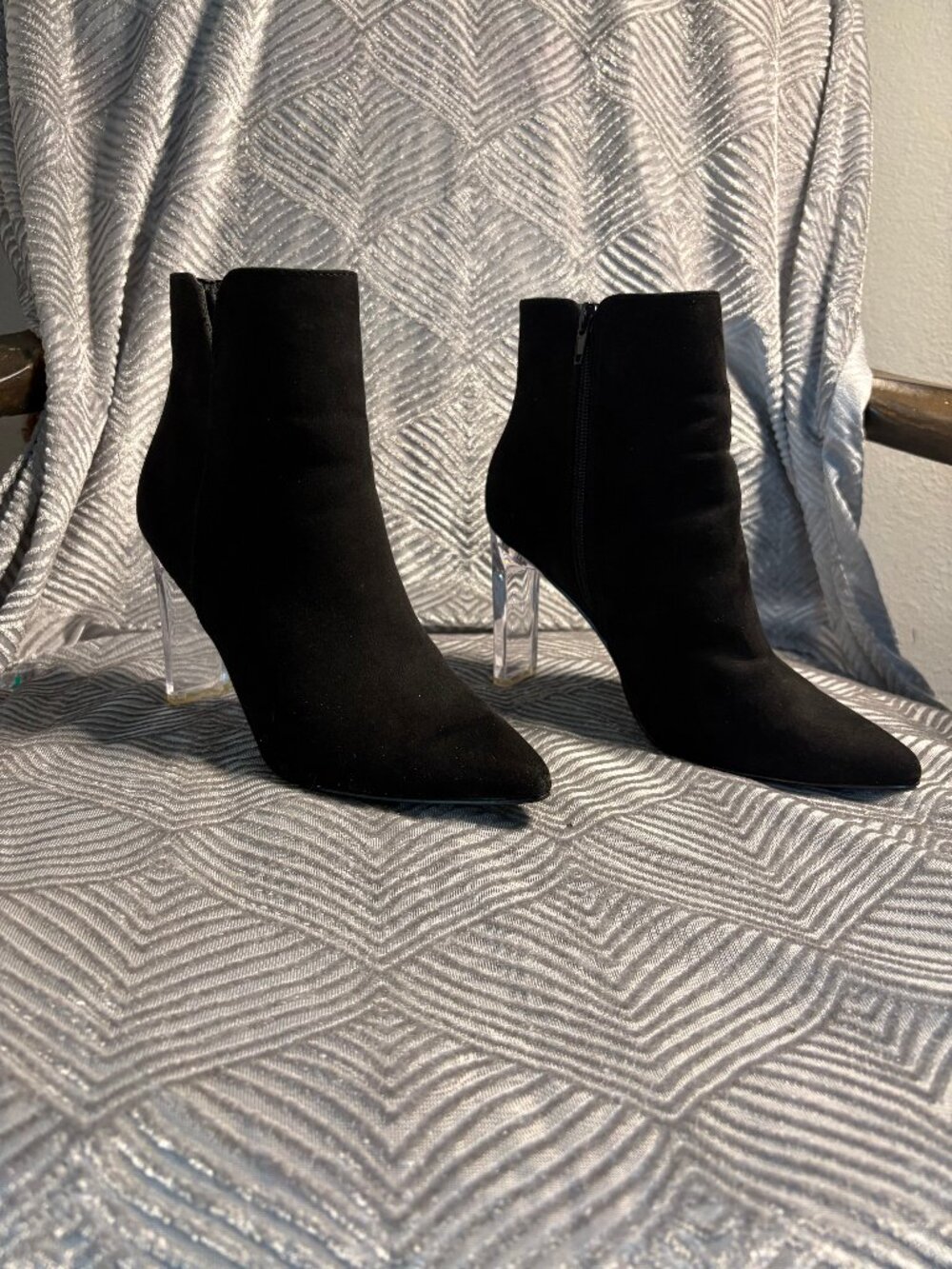 Marc New York Black Suede-Look Ankle Boots Clear Lucite Heels Pointed Toe